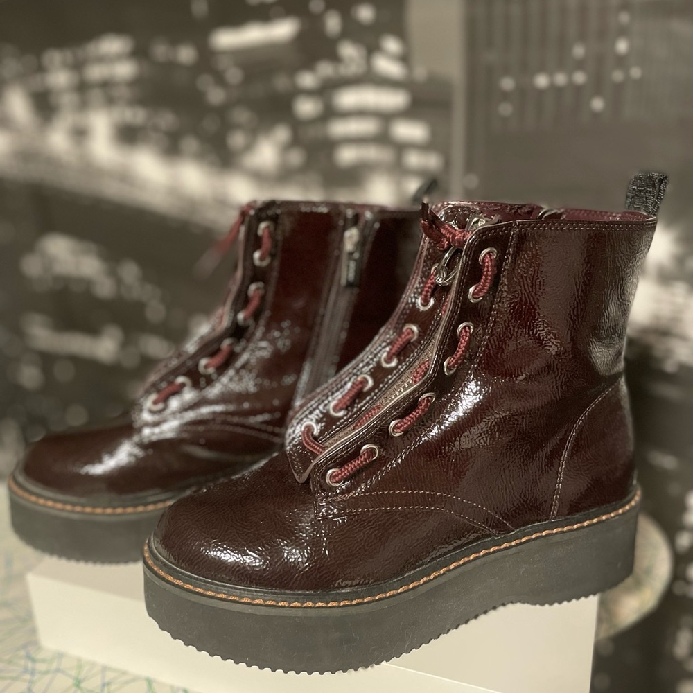 Beautiful, like new, garnet red DKNY platform chunky boots with zippers.